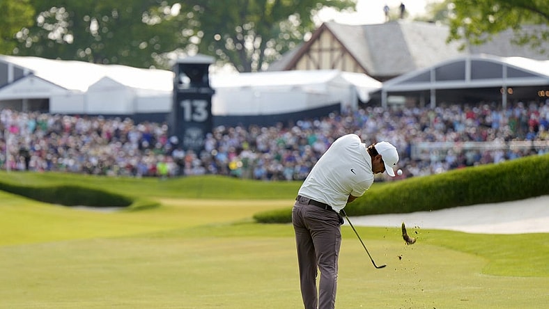 May 21, 2023; Rochester, New York, USA; Brooks Koepka takes a shot on the 13th hole during the final round of the PGA Championship golf tournament at Oak Hill Country Club. Mandatory Credit: Adam Cairns-USA TODAY Sports