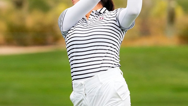 Rose Zhang from Stanford plays her tee shot on the 10th hole during the first day of stroke play competition at the NCAA Division I Women's Golf Championships at Grayhawk Golf Club in Scottsdale on May 19, 2023.