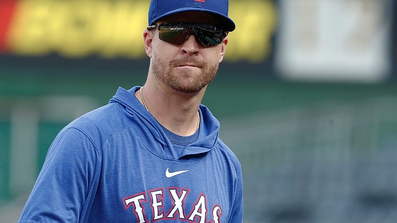 May 22, 2023; Pittsburgh, Pennsylvania, USA;  Texas Rangers pitcher Jacob deGrom (48) looks on before the game against the Pittsburgh Pirates at PNC Park. Mandatory Credit: Charles LeClaire-USA TODAY Sports