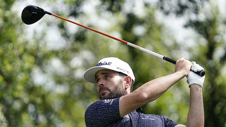 May 25, 2023; Fort Worth, Texas, USA; Callum Tarren plays his shot from the 11th tee during the first round of the Charles Schwab Challenge golf tournament. Mandatory Credit: Raymond Carlin III-USA TODAY Sports