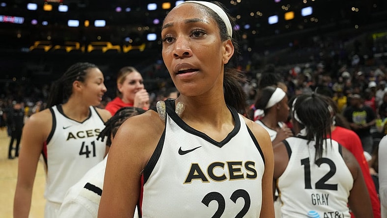 May 25, 2023; Los Angeles, California, USA;Las Vegas Aces forward A'ja Wilson (22) reacts after the game against the LA Sparks at Crypto.com Arena. Mandatory Credit: Kirby Lee-USA TODAY Sports