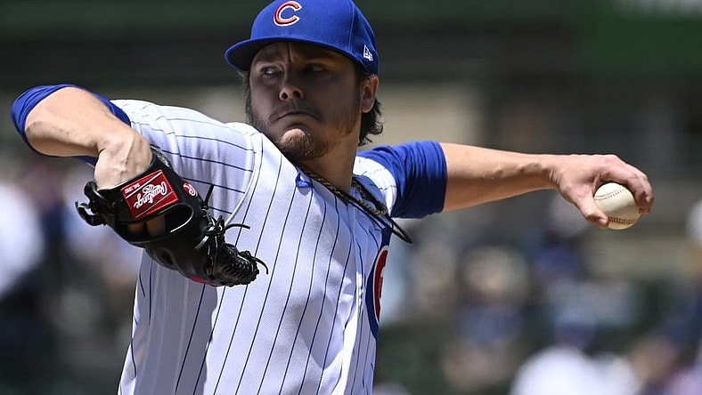 May 26, 2023; Chicago, Illinois, USA; Chicago Cubs starting pitcher Justin Steele (35) delivers against the Cincinnati Reds during the first inning at Wrigley Field. Mandatory Credit: Matt Marton-USA TODAY Sports