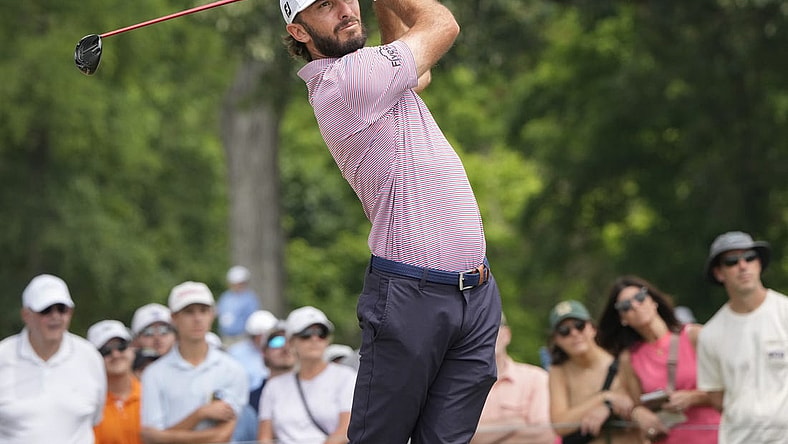 May 27, 2023; Fort Worth, Texas, USA; Max Homa plays his shot from the third tee during the third round of the Charles Schwab Challenge golf tournament. Mandatory Credit: Jim Cowsert-USA TODAY Sports