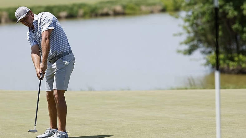 May 27, 2023; Potomac Falls, Virginia, USA; Bryson DeChambeau putts on the eighteenth green during the second round of LIV Golf Washington, D.C. golf tournament at Trump National. Mandatory Credit: Geoff Burke-USA TODAY Sports