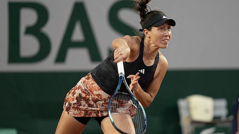 May 28, 2023; Paris, France; Jessica Pegula (USA) serves during her first round match against Danielle Collins (USA) on day one at Stade Roland-Garros. Mandatory Credit: Susan Mullane-USA TODAY Sports
