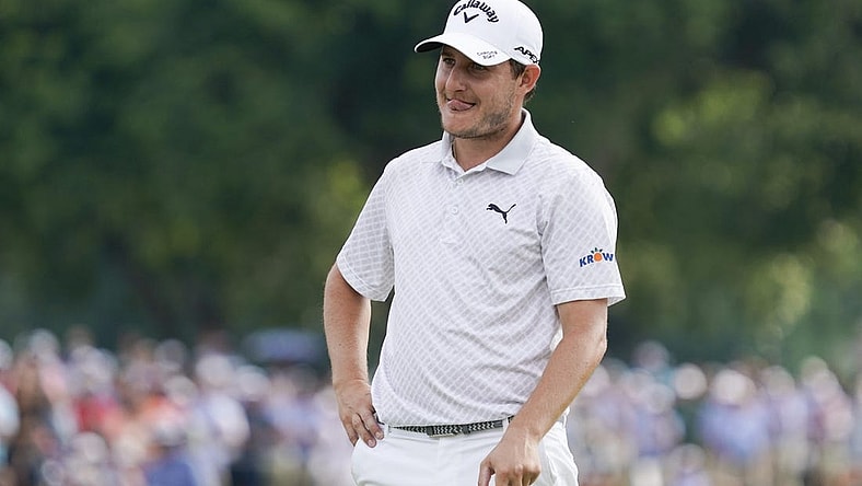 May 28, 2023; Fort Worth, Texas, USA; Emiliano Grillo reacts after missing a putt on the 18th green, on the first playoff hole during the final round of the Charles Schwab Challenge golf tournament. Mandatory Credit: Raymond Carlin III-USA TODAY Sports