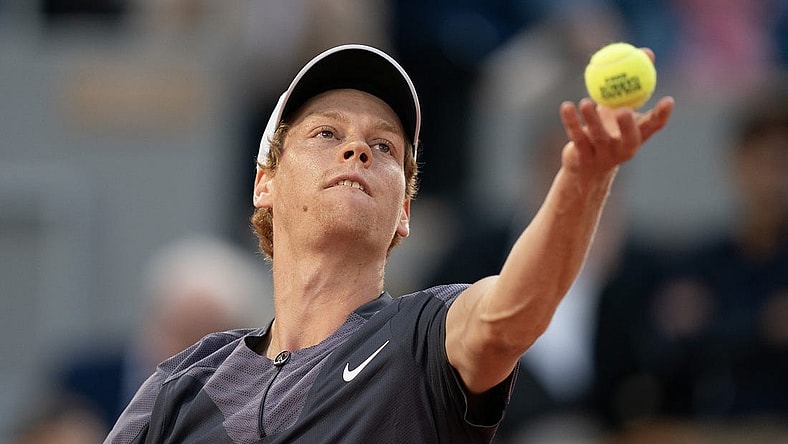May 29, 2023; Paris,France; Jannik Sinner (ITA) tosses the ball to serve during his match against Alexandre Muller (FRA) on day two at Stade Roland-Garros. Mandatory Credit: Susan Mullane-USA TODAY Sports