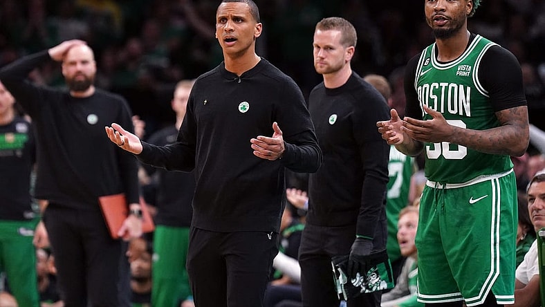 May 29, 2023; Boston, Massachusetts, USA; Boston Celtics head coach Joe Mazzulla reacts in the second quarter against the Miami Heat during game seven of the Eastern Conference Finals for the 2023 NBA playoffs at TD Garden. Mandatory Credit: David Butler II-USA TODAY Sports