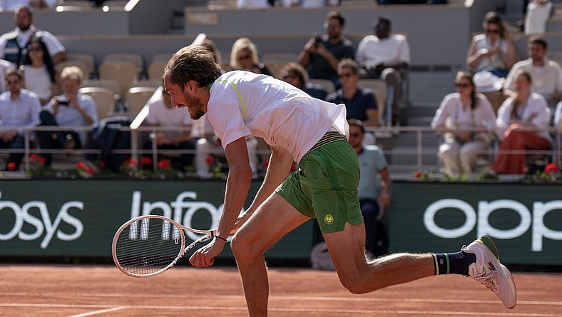 May 30, 2023; Paris, France; Daniil Medvedev (RUS) runs for the ball during a match against Thiago Seyboth Wild (BRA) on day three at Stade Roland-Garros. Mandatory Credit: Susan Mullane-USA TODAY Sports