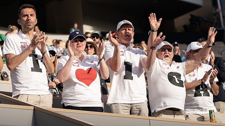 May 30, 2023; Paris, France; Iga Swiatek (POL) fans in attendance for her match against Cristina Bucsa (ESP) on day three at Stade Roland-Garros. Mandatory Credit: Susan Mullane-USA TODAY Sports