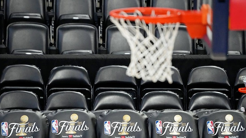 May 31, 2023; Denver, CO, USA; A general view of team benches with the 2023 NBA Finals logo during a practice session on media day before the 2023 NBA Finals at Ball Arena. Mandatory Credit: Kyle Terada-USA TODAY Sports
