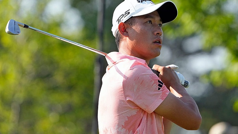 June 1, 2023: Dublin, Ohio, USA; Collin Morikawa watches his tee shot on the 12th tee during opening round of the Memorial Tournament at Muirfield Village Golf Club.