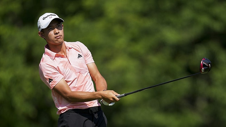Jun 1, 2023; Dublin, Ohio, USA; Collin Morikawa plays his shot from the 18th tee during the first round of the Memorial Tournament golf tournament at the Muirfield Village Golf Club. Mandatory Credit: Aaron Doster-USA TODAY Sports