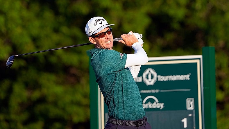June 1, 2023: Dublin, Ohio, USA; Dylan Frittelli watches his tee shot on the first hole during opening round of the Memorial Tournament at Muirfield Village Golf Club.