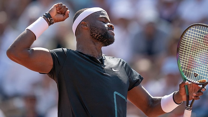 Jun 1, 2023; Paris,France; Frances Tiafoe (USA) reacts to a point during his match against Asian Karatsev on day five at Stade Roland-Garros. Mandatory Credit: Susan Mullane-USA TODAY Sports
