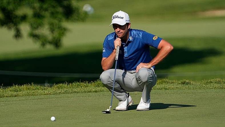 June 1, 2023; Dublin, Ohio, USA;  Davis Riley lines up a putt on the ninth hole during the opening round of the Memorial Tournament at Muirfield Village Golf Club. Riley made a birdie to become the leader in the clubhouse at -5.