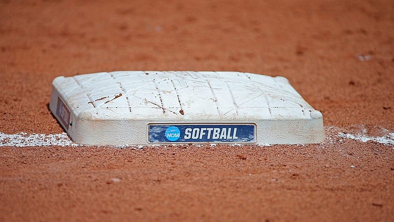 A softball base is seen during a softball game between Oklahoma and Stanford in the Women's College World Series at USA Softball Hall of Fame Stadium in Oklahoma City, Thursday, June 1, 2023.