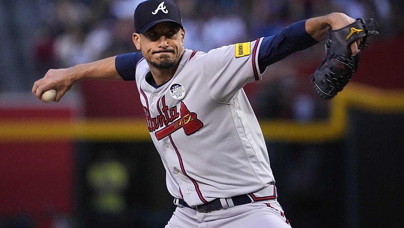 Jun 2, 2023; Phoenix, Arizona, USA; Atlanta Braves starting pitcher Charlie Morton (50) pitches against the Arizona Diamondbacks during the third inning at Chase Field. Mandatory Credit: Joe Camporeale-USA TODAY Sports