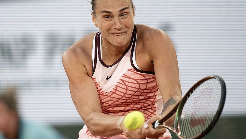 Jun 4, 2023; Paris,France; Aryna Sabalenka returns a shot during her match against Sloane Stephens (USA) on day eight at Stade Roland-Garros. Mandatory Credit: Susan Mullane-USA TODAY Sports