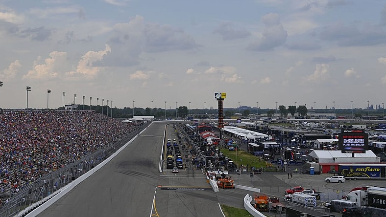 Jun 4, 2023; Madison, Illinois, USA; A general view of World Wide Technology Raceway during a weather delay during the Enjoy Illinois 300 at World Wide Technology Raceway. Mandatory Credit: Joe Puetz-USA TODAY Sports