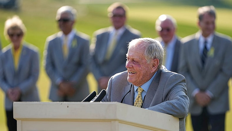 June 4, 2023; Dublin, Ohio, USA;  Jack Nicklaus recaps the week before presenting the trophy to Viktor Hovland following the final round of the Memorial Tournament at Muirfield Village Golf Club.