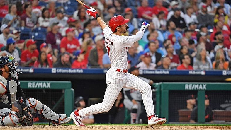 Jun 5, 2023; Philadelphia, Pennsylvania, USA; Philadelphia Phillies shortstop Trea Turner (7) hits his second home run of the game against the Detroit Tigers during the fifth inning at Citizens Bank Park. Mandatory Credit: Eric Hartline-USA TODAY Sports