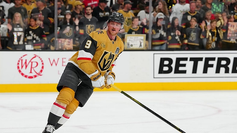 Jun 5, 2023; Las Vegas, Nevada, USA; Vegas Golden Knights center Jack Eichel (9) warms up before the game against the Florida Panthers in game two of the 2023 Stanley Cup Final at T-Mobile Arena. Mandatory Credit: Stephen R. Sylvanie-USA TODAY Sports