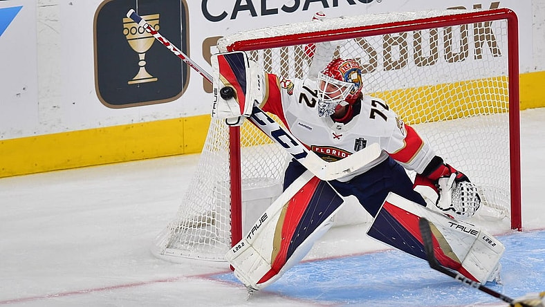Jun 5, 2023; Las Vegas, Nevada, USA; Florida Panthers goaltender Sergei Bobrovsky (72) blocks a shot in the first period in against the Vegas Golden Knights  game two of the 2023 Stanley Cup Final at T-Mobile Arena. Mandatory Credit: Gary A. Vasquez-USA TODAY Sports