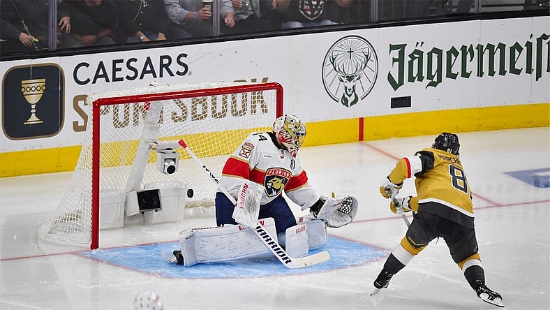 Jun 5, 2023; Las Vegas, Nevada, USA; Vegas Golden Knights right wing Jonathan Marchessault (81) scores gaol on Florida Panthers goaltender Alex Lyon (34) in the third period in game two of the 2023 Stanley Cup Final at T-Mobile Arena. Mandatory Credit: Gary A. Vasquez-USA TODAY Sports
