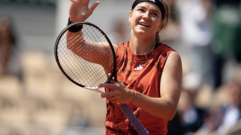 Jun 6 2023; Paris,France; Karolina Muchova (CZE) celebrates winning her match against Anastasia Pavlyuchenkova  on day 10 at Stade Roland-Garros. Mandatory Credit: Susan Mullane-USA TODAY Sports