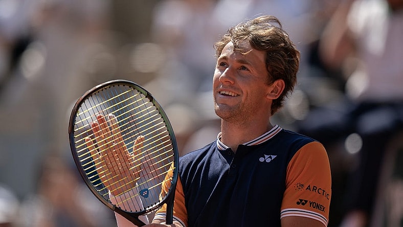 Jun 5 2023; Paris, France; Casper Ruud (NOR) celebrates after defeating Nicolas Jarry (CHI) on day nine at Stade Roland-Garros. Mandatory Credit: Susan Mullane-USA TODAY Sports