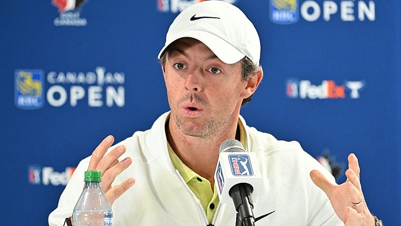 Jun 7, 2023; Toronto, ON, CAN;  Rory McIlroy speaks with the media during press conferences for the RBC Canadian Open golf tournament. Mandatory Credit: Dan Hamilton-USA TODAY Sports
