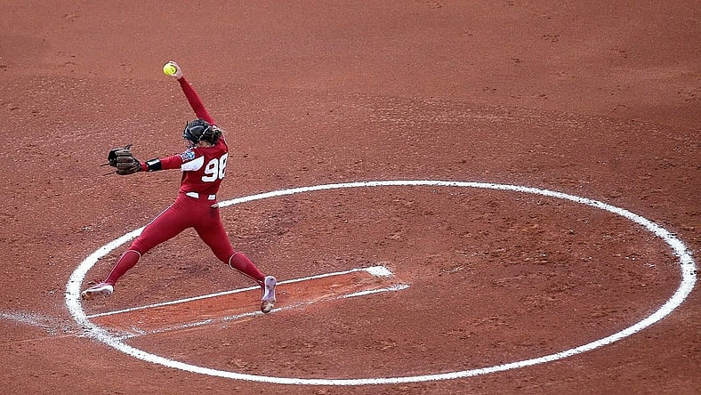 Oklahoma's Jordy Bahl (98) throws a pitch in the first inning during a softball game between the Oklahoma Sooners and Florida State in the Women's College World Championship Series at USA Softball Hall of Fame Stadium in  in Oklahoma City, Wednesday, June, 7, 2023.