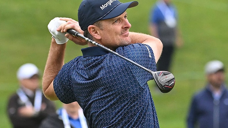 Jun 8, 2023; Toronto, ON, CAN;   Justin Rose plays a shot on the 18th hole during the first round of the RBC Canadian Open golf tournament. Mandatory Credit: Dan Hamilton-USA TODAY Sports