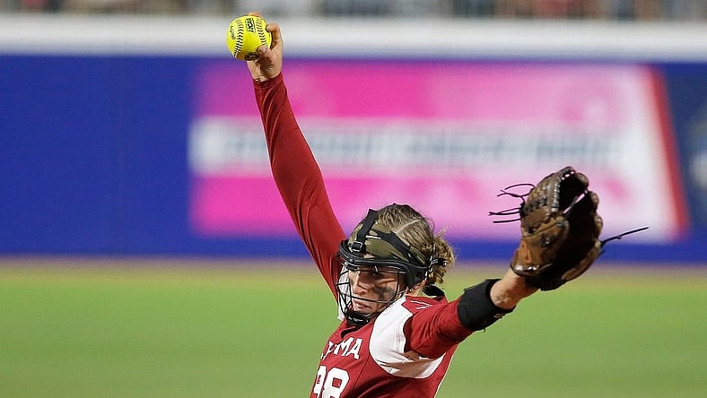 Oklahoma's Jordy Bahl (98) throws a pitch in the second inning during the first game of the Women's College World Championship Series between the Oklahoma Sooners and Florida State at USA Softball Hall of Fame Stadium in  in Oklahoma City, Wednesday, June, 7, 2023.