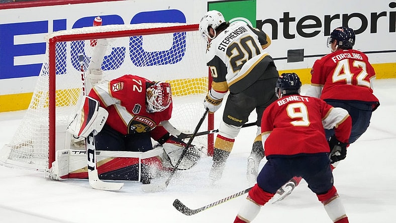 Jun 8, 2023; Sunrise, Florida, USA; Florida Panthers goaltender Sergei Bobrovsky (72) defends the shot attempt by Vegas Golden Knights center Chandler Stephenson (20) during the second period in game three of the 2023 Stanley Cup Final at FLA Live Arena. Mandatory Credit: Jasen Vinlove-USA TODAY Sports