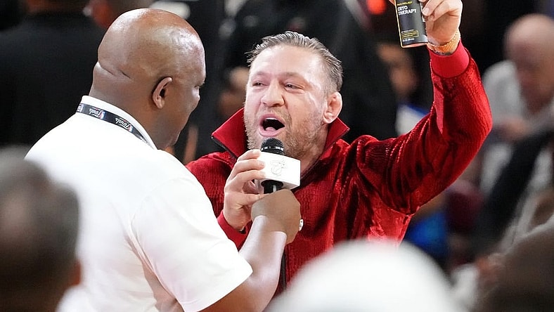 Jun 9, 2023; Miami, Florida, USA; MMA fighter Conor McGregor during halftime in game four of the 2023 NBA Finals between the Miami Heat and Denver Nuggets at Kaseya Center. Mandatory Credit: Kyle Terada-USA TODAY Sports
