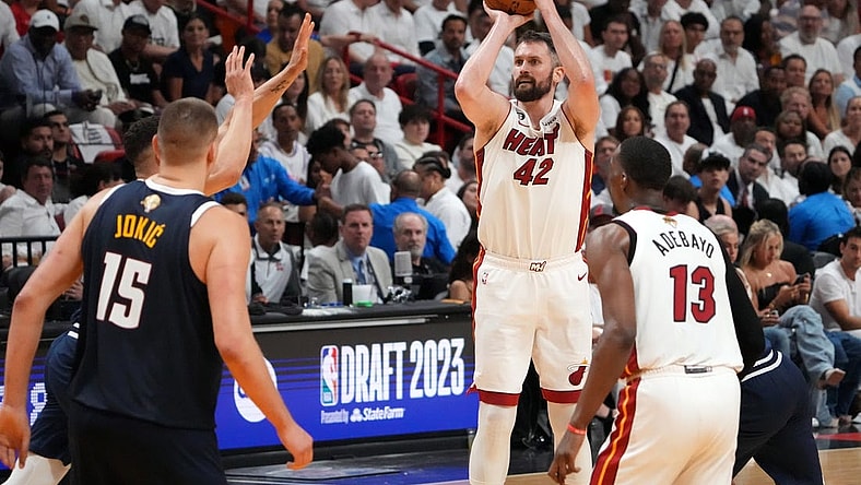 Jun 9, 2023; Miami, Florida, USA; Miami Heat forward Kevin Love (42) shoots the ball against the Denver Nuggets during the third quarter in game four of the 2023 NBA Finals at Kaseya Center. Mandatory Credit: Kyle Terada-USA TODAY Sports
