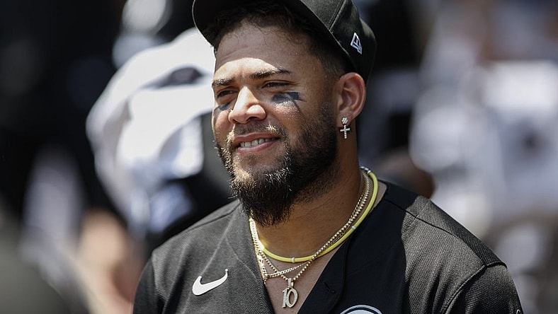 Jun 10, 2023; Chicago, Illinois, USA; Chicago White Sox third baseman Yoan Moncada (10) looks on from dugout before a game against the Miami Marlins at Guaranteed Rate Field. Mandatory Credit: Kamil Krzaczynski-USA TODAY Sports