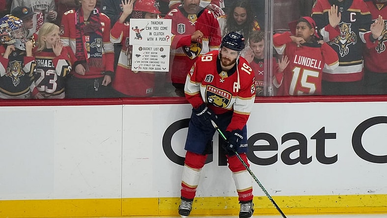 June 10, 2023; Sunrise, FL, USA; Florida Panthers left wing Matthew Tkachuk (19) warms up before playing against the Vegas Golden Knights in game four of the 2023 Stanley Cup Final at FLA Live Arena. Mandatory Credit: Jasen Vinlove-USA TODAY Sports