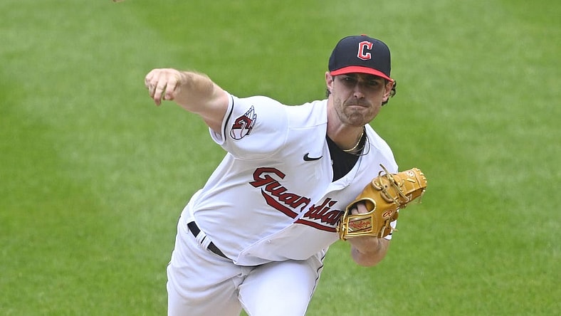 Jun 11, 2023; Cleveland, Ohio, USA; Cleveland Guardians starting pitcher Shane Bieber (57) delivers a pitch in the third inning against the Houston Astros at Progressive Field. Mandatory Credit: David Richard-USA TODAY Sports
