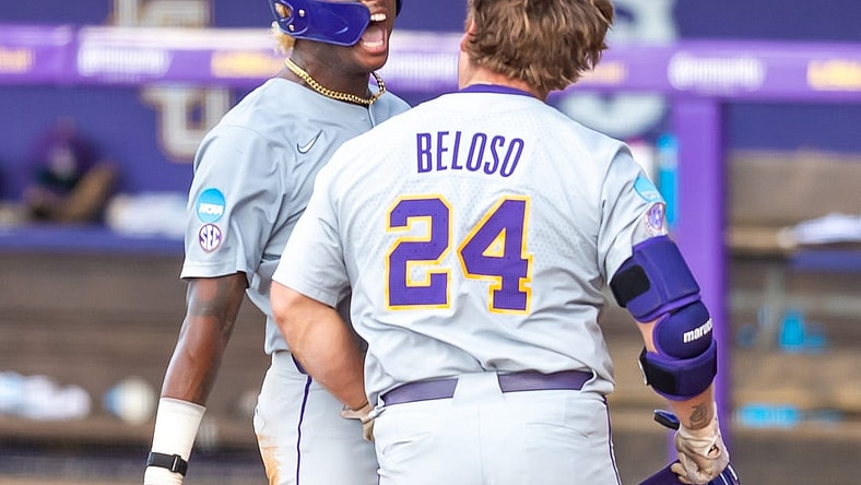 Cade Beloso 24 hits a three run homer as The LSU Tigers take on the Kentucky Wildcats in game 2 of the 2023 NCAA Div 1 Super Regional Baseball Championship at Alex Box Stadium in Baton Rouge, LA.  Sunday, June 11, 2023.