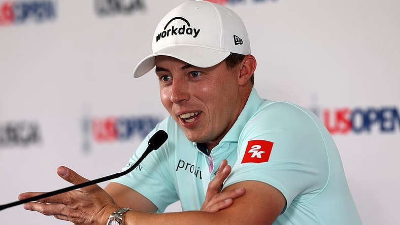 Jun 12, 2023; Los Angeles, California, USA; Matt Fitzpatrick speaks to the media during a press conference during a practice round of the U.S. Open golf tournament. Mandatory Credit: Kiyoshi Mio-USA TODAY Sports