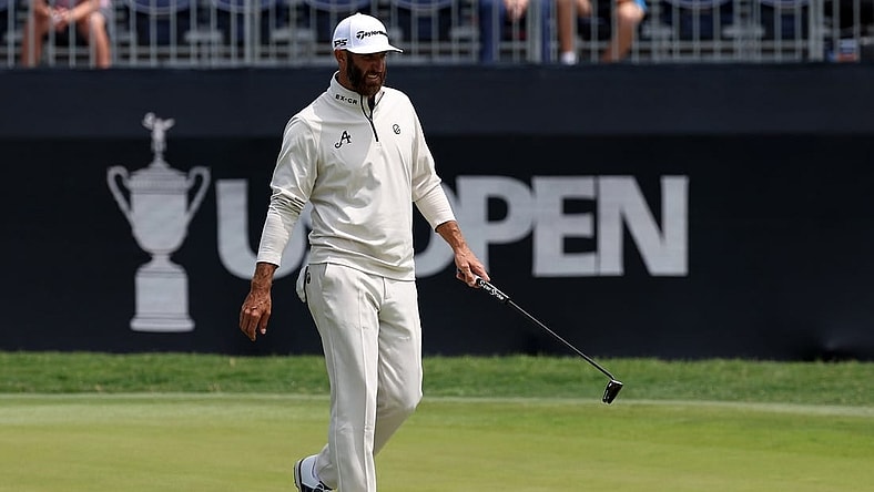 Jun 12, 2023; Los Angeles, California, USA; Dustin Johnson walks on the 10th hole green during a practice round of the U.S. Open golf tournament. Mandatory Credit: Kiyoshi Mio-USA TODAY Sports