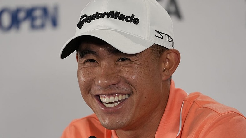 Jun 13, 2023; Los Angeles, California, USA; Collin Morikawa talks  during a press conference for the U.S. Open golf tournament at Los Angeles Country Club. Mandatory Credit: Michael Madrid-USA TODAY Sports