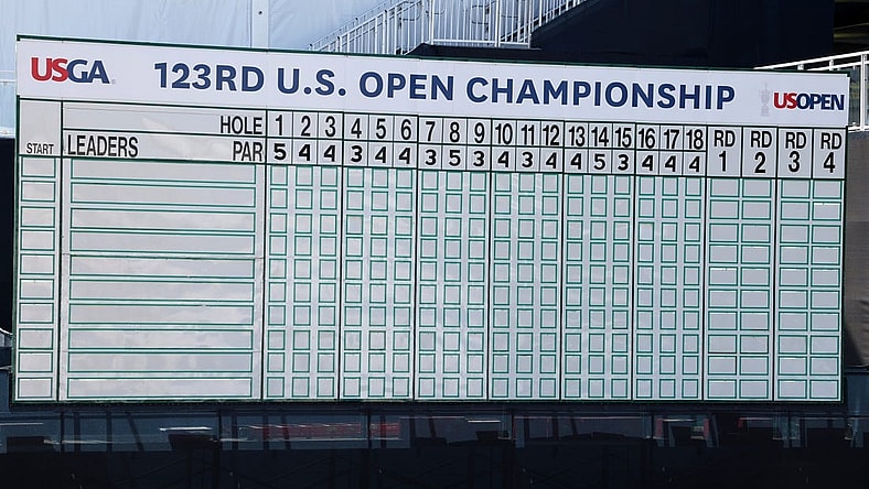 Jun 13, 2023; Los Angeles, California, USA; A detailed view of a leader board during a practice round of the U.S. Open golf tournament at Los Angeles Country Club. Mandatory Credit: Kiyoshi Mio-USA TODAY Sports