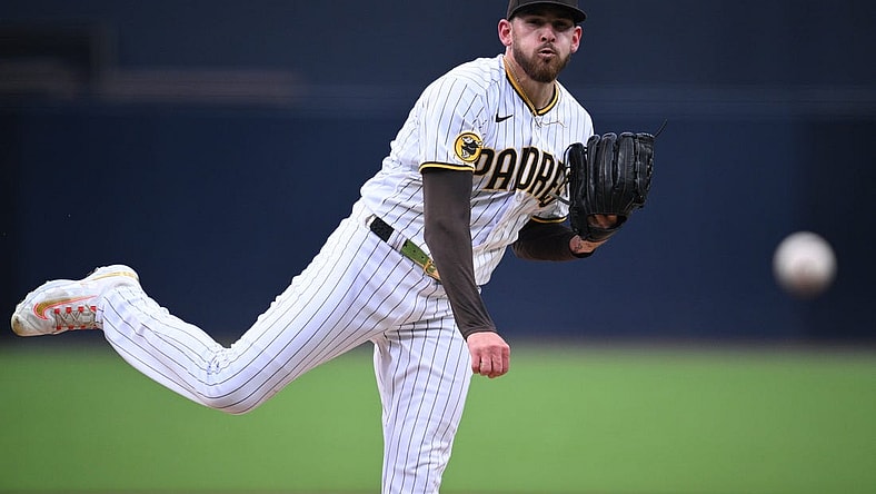 Jun 13, 2023; San Diego, California, USA; San Diego Padres starting pitcher Joe Musgrove (44) throws a pitch against the Cleveland Guardians during the first inning at Petco Park. Mandatory Credit: Orlando Ramirez-USA TODAY Sports