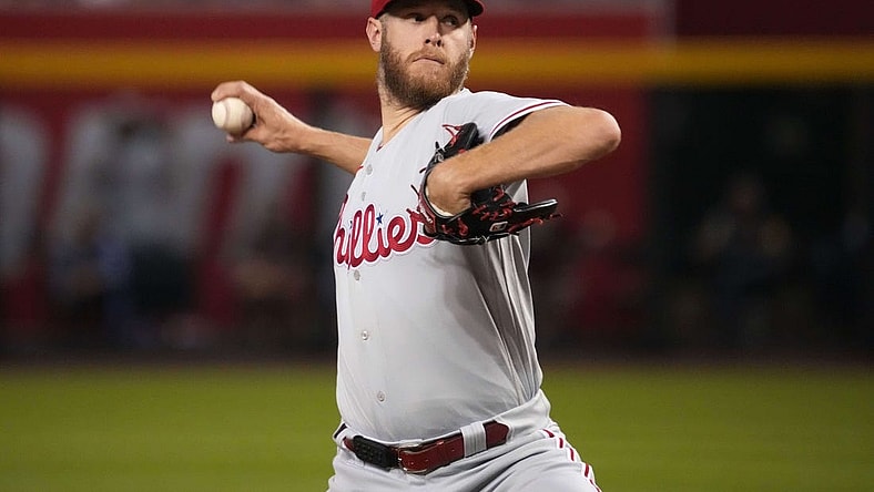 Jun 13, 2023; Phoenix, Arizona, USA; Philadelphia Phillies starting pitcher Zack Wheeler (45) pitches against the Arizona Diamondbacks during the third inning at Chase Field. Mandatory Credit: Joe Camporeale-USA TODAY Sports