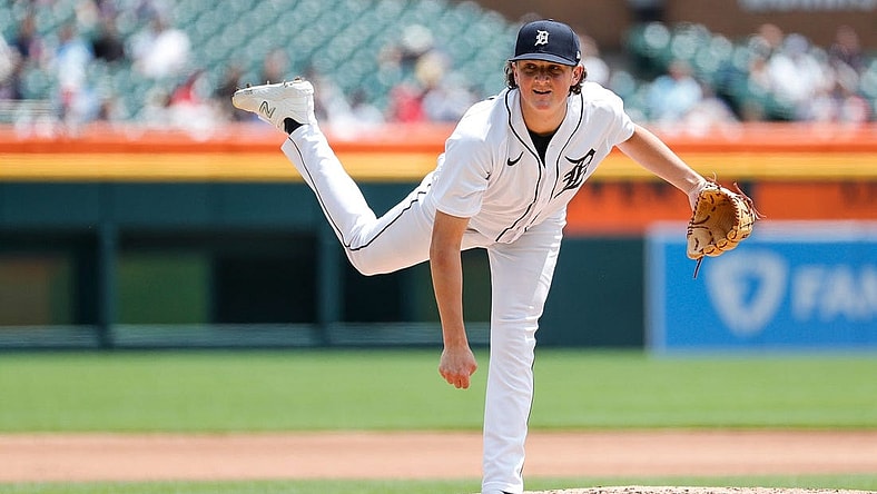 Tigers pitcher Reese Olson delivers a pitch against Braves during the fourth inning of the first game of the doubleheader at Comerica Park on Wednesday, June 14, 2023.