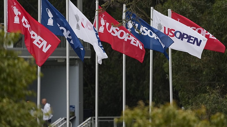 Jun 14, 2023; Los Angeles, California, USA; Flags fly inn a light breeze during a practice round of the U.S. Open golf tournament at Los Angeles Country Club. Mandatory Credit: Michael Madrid-USA TODAY Sports